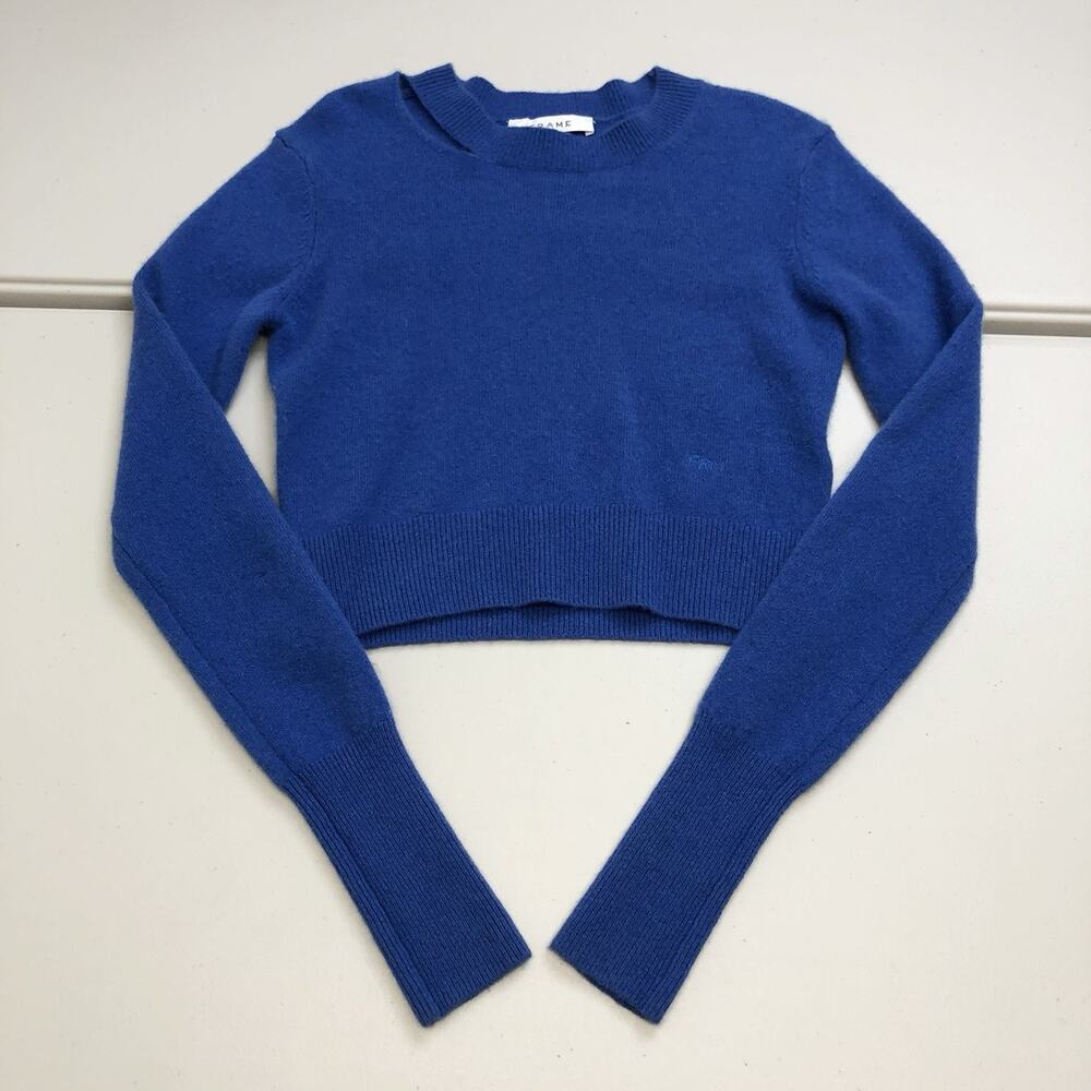 Frame Cashmere Women’s Cut Out Crew Pullover Blue Sweater Size XS Cropped